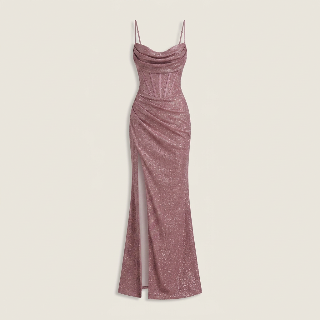Vestido Maxi Glitter Corsé Cuello Cascada Abertura Lateral para Mujer