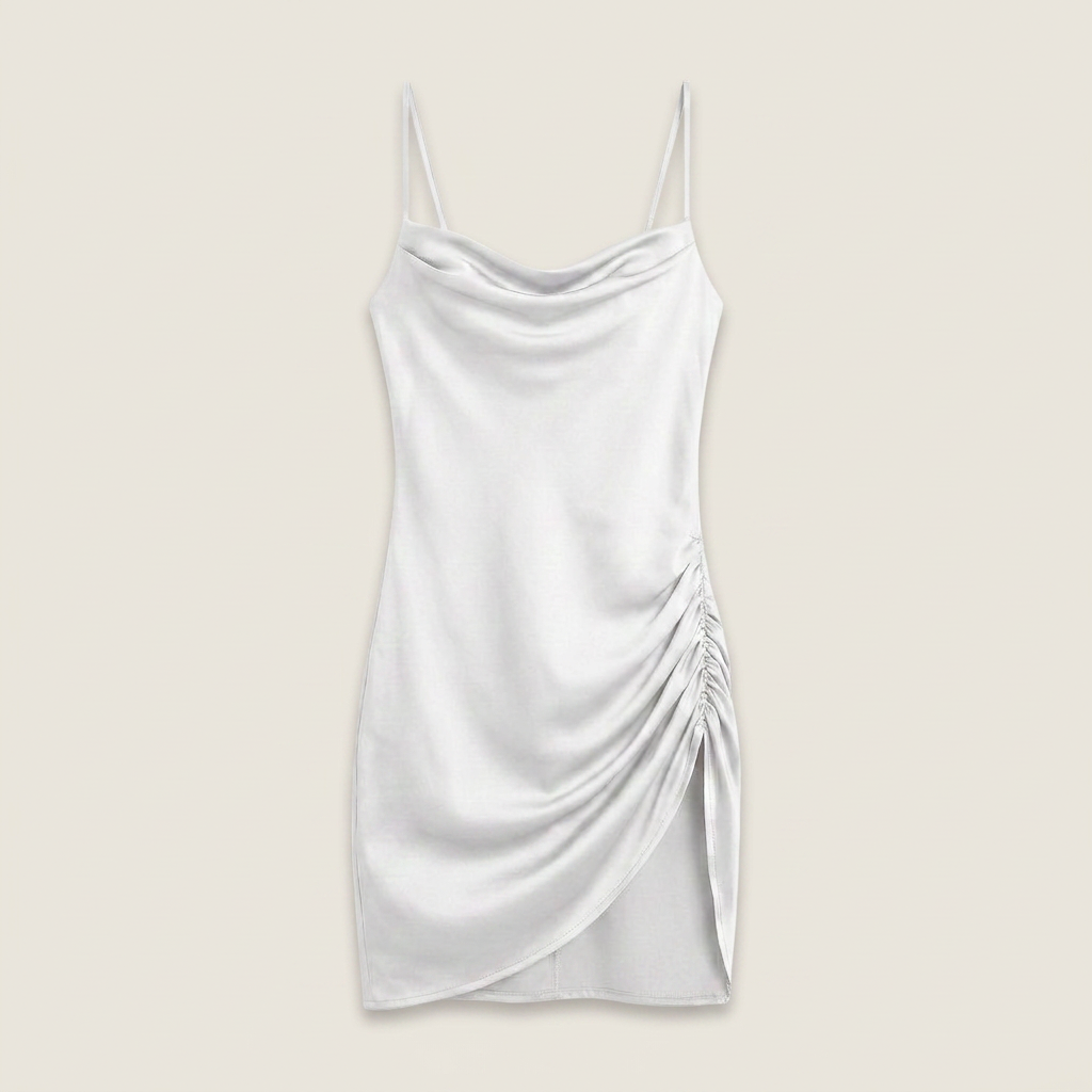 Vestido Mini Satén Cuello Cascada Fruncido Lateral para Mujer