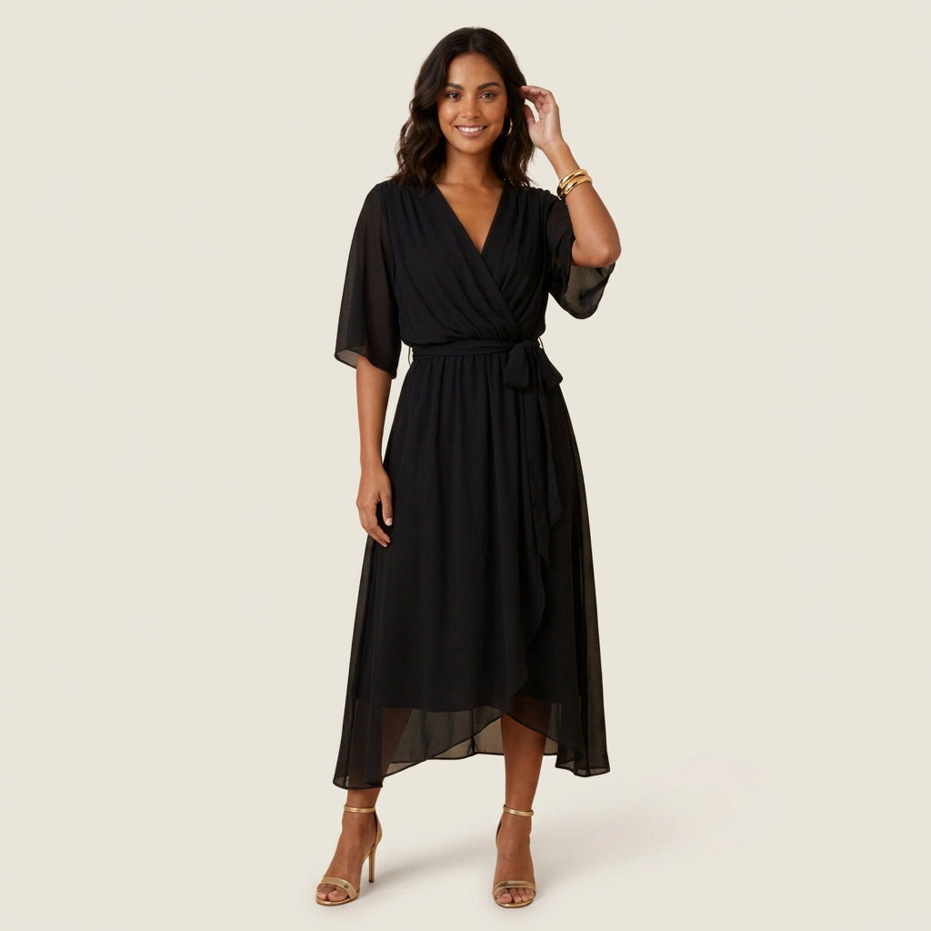 Vestido Midi Cruzado Efecto Gasa con Volante para Mujer