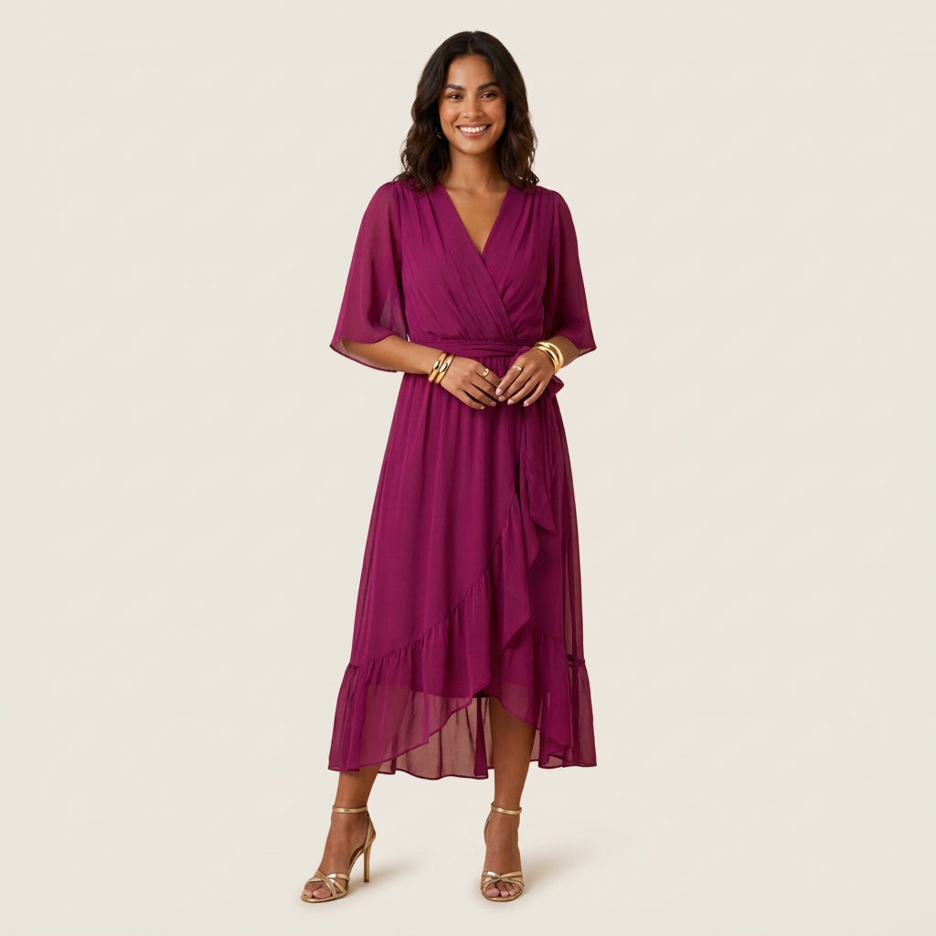 Vestido Midi Cruzado Efecto Gasa con Volante para Mujer