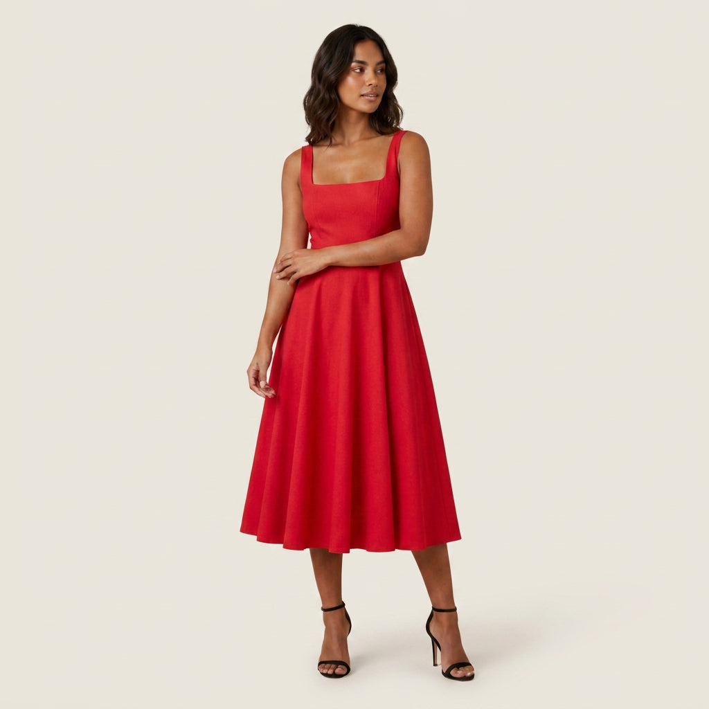 Vestido Midi Escote Cuadrado Falda Vuelo para Mujer