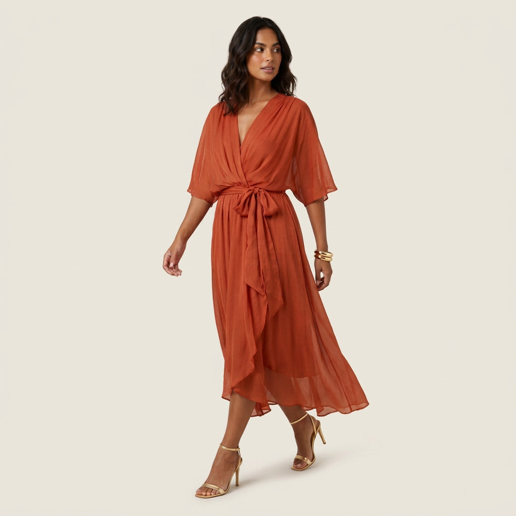 Vestido Midi Cruzado Efecto Gasa con Volante para Mujer