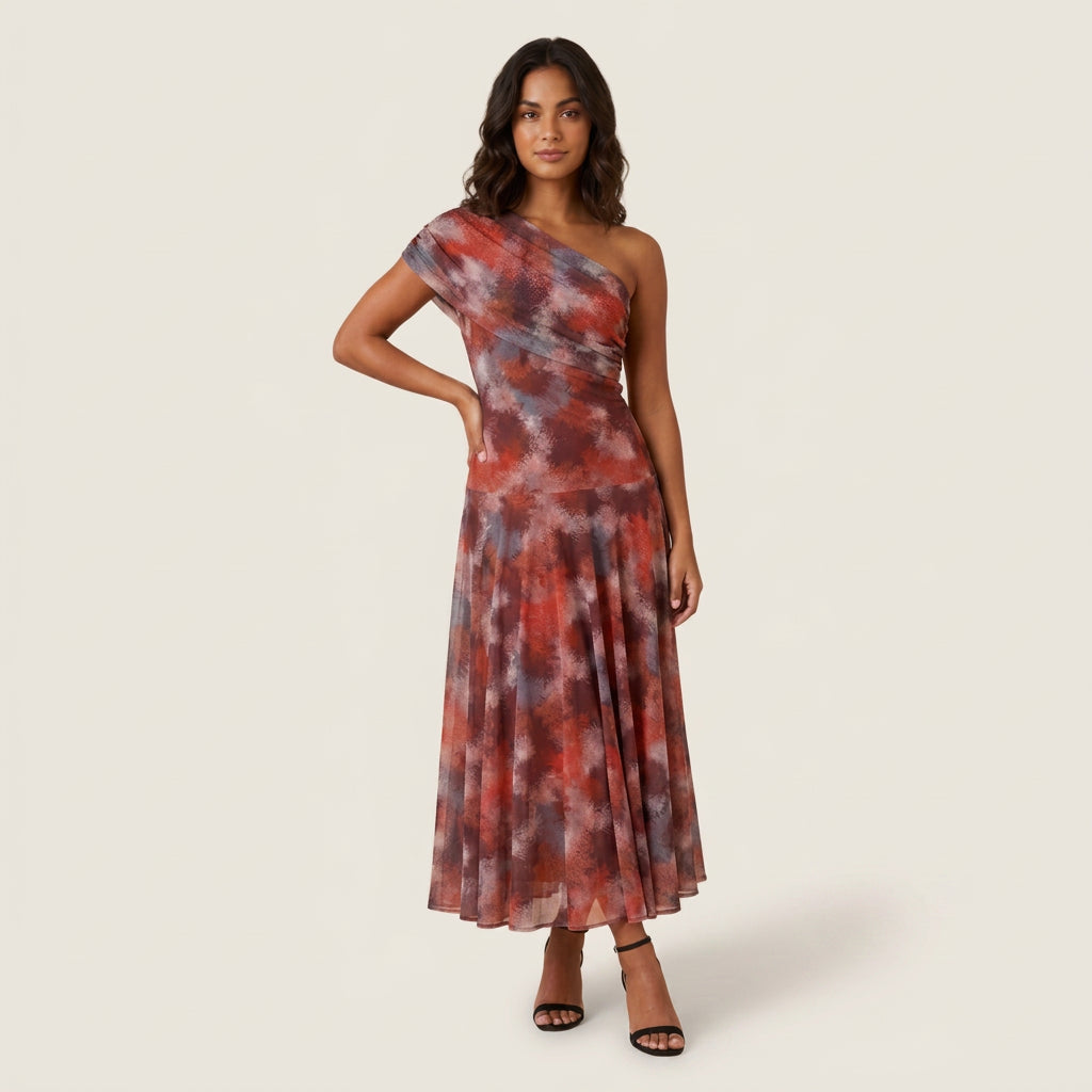 Vestido Midi Efecto Gasa un Solo Hombro para Mujer