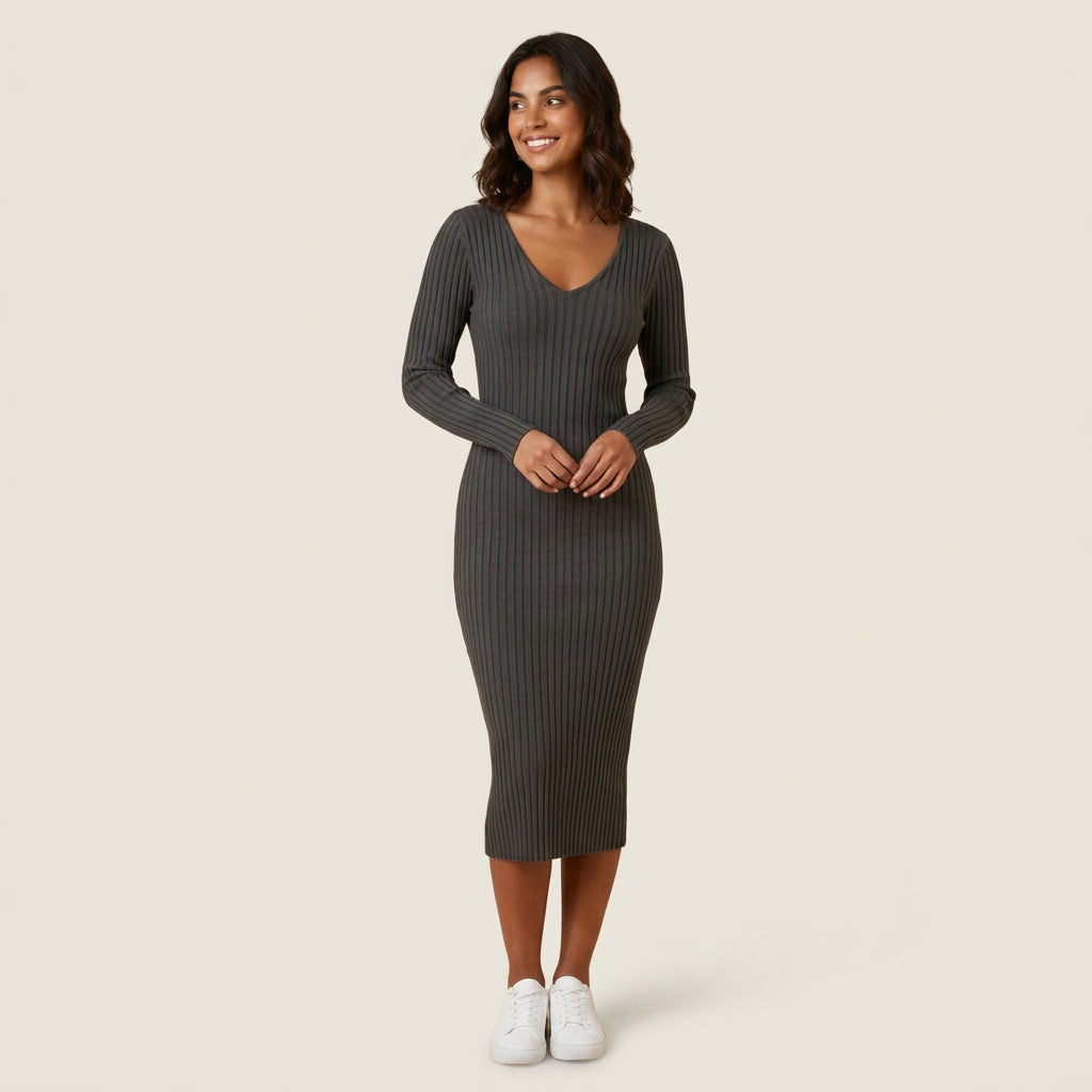 Vestido Midi de Canalé con Escote de Pico para Mujer