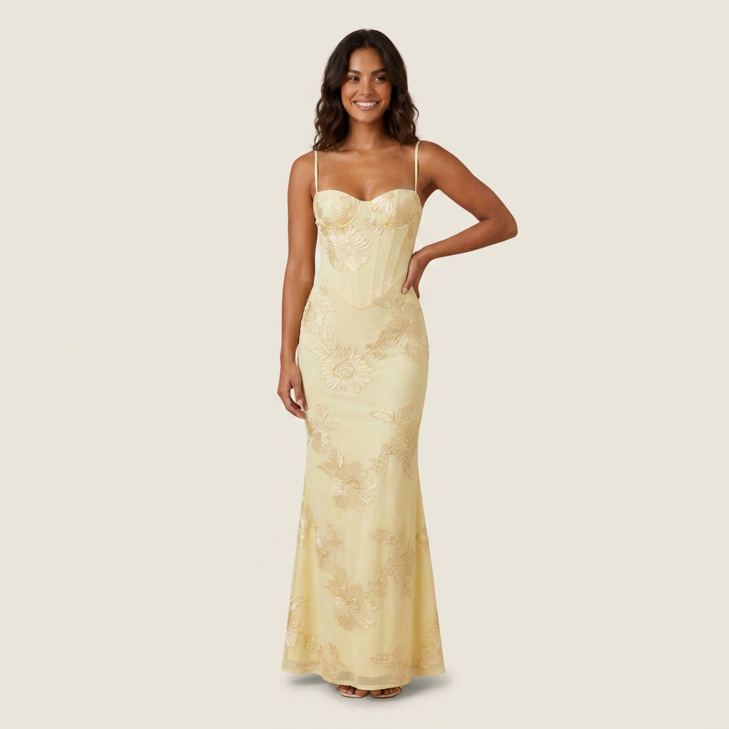 Vestido Largo Jacquard Floral Corsetero para Mujer
