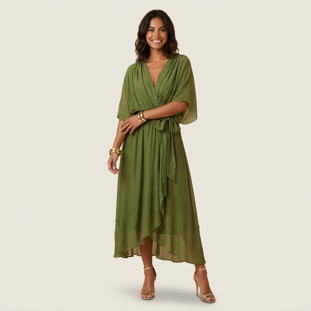 Vestido Midi Cruzado Efecto Gasa con Volante para Mujer