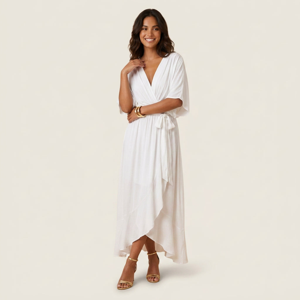 Vestido Midi Cruzado Efecto Gasa con Volante para Mujer
