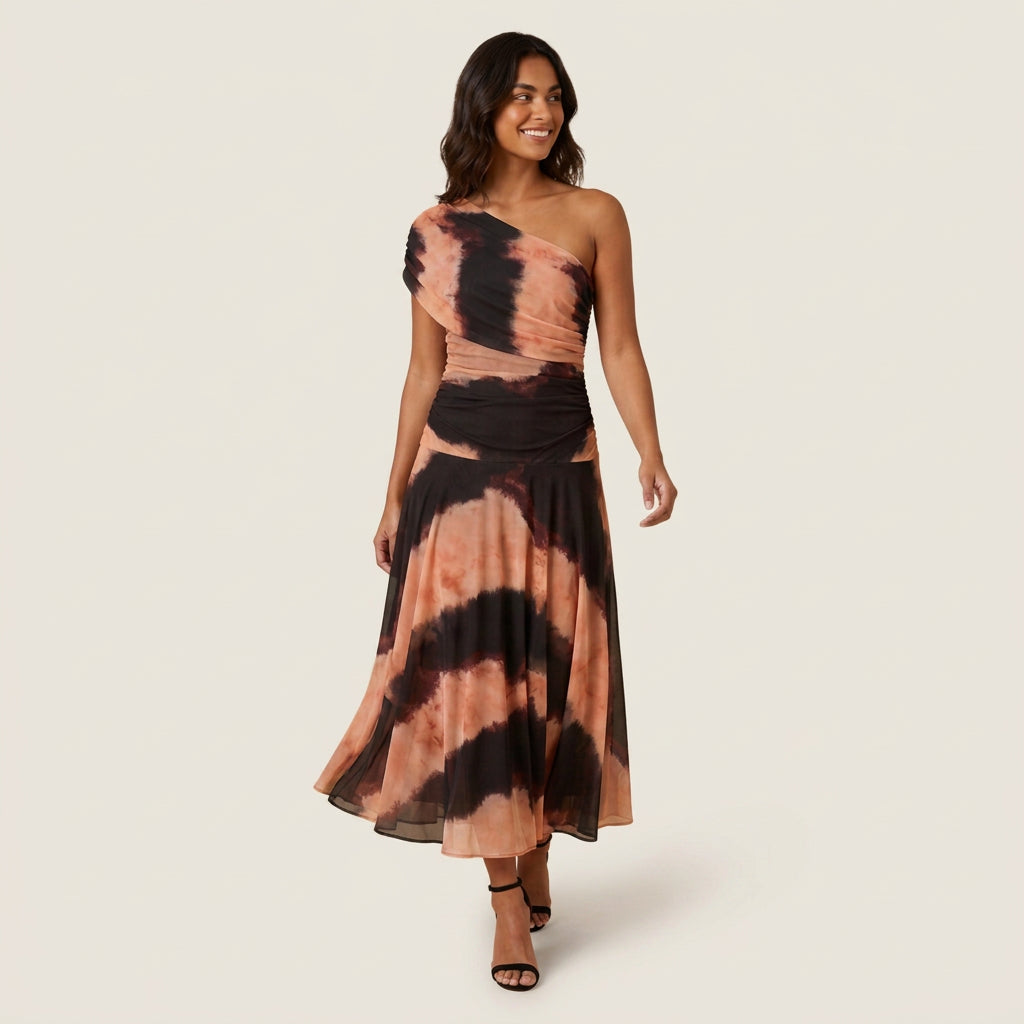 Vestido Midi Efecto Gasa un Solo Hombro para Mujer