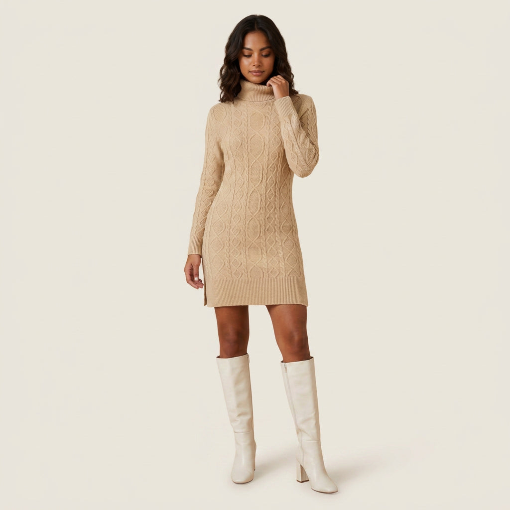Vestido Corto de Punto Trenzado Cuello Vuelto para Mujer