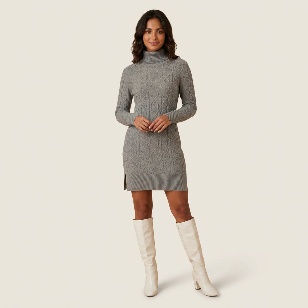 Vestido Corto de Punto Trenzado Cuello Vuelto para Mujer