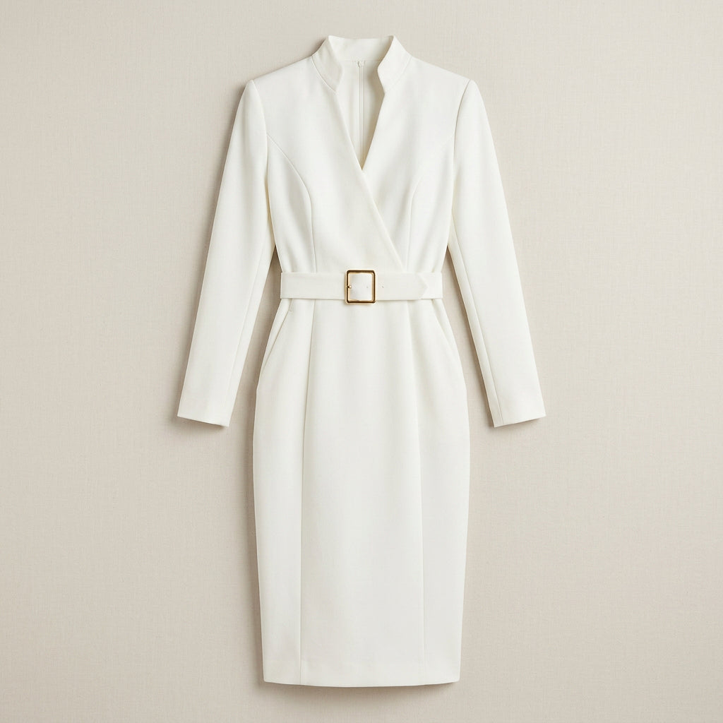 Vestido Midi Cuello Alto Cinturón Hebilla para Mujer