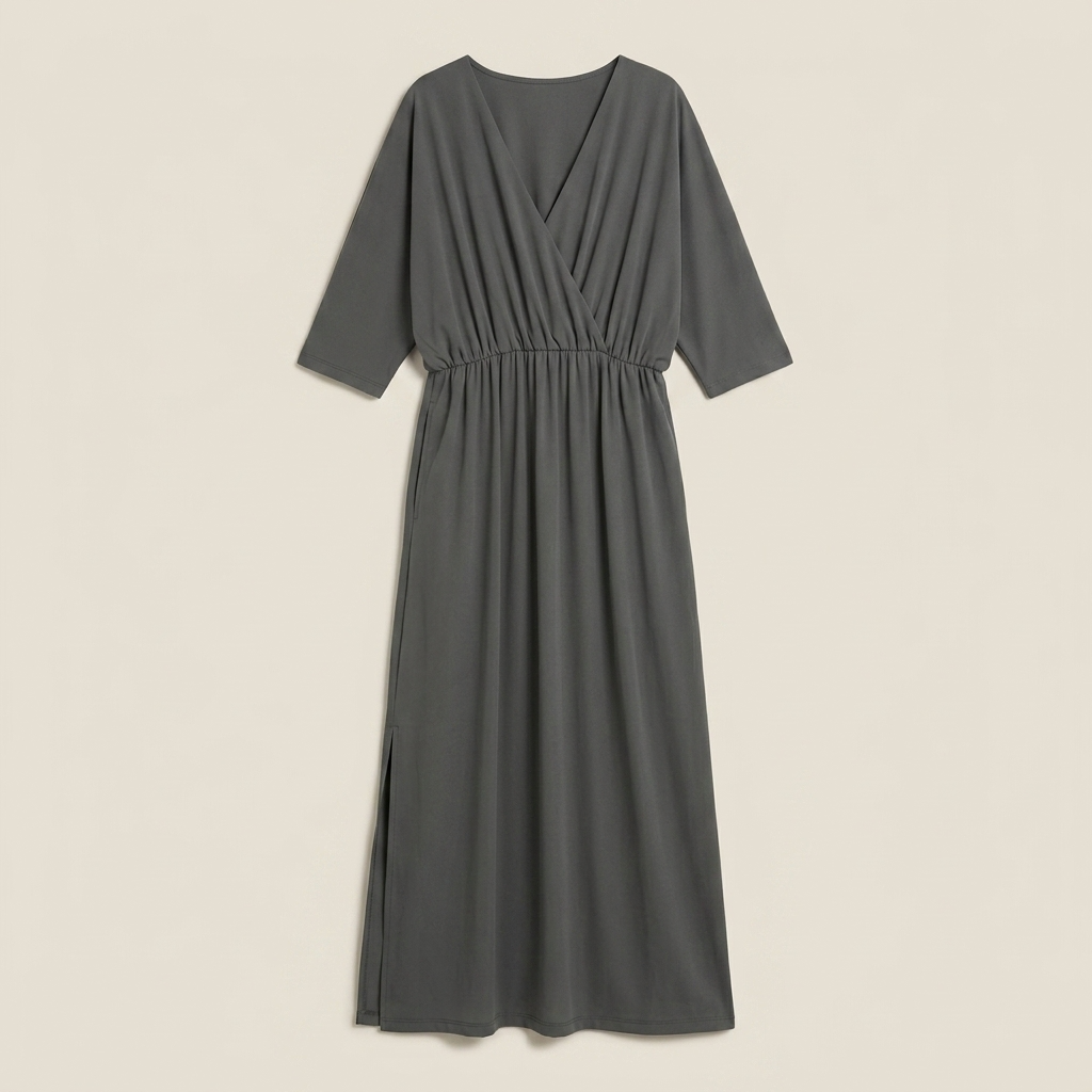Vestido Largo Escote Cruzado Cintura Fruncida para Mujer
