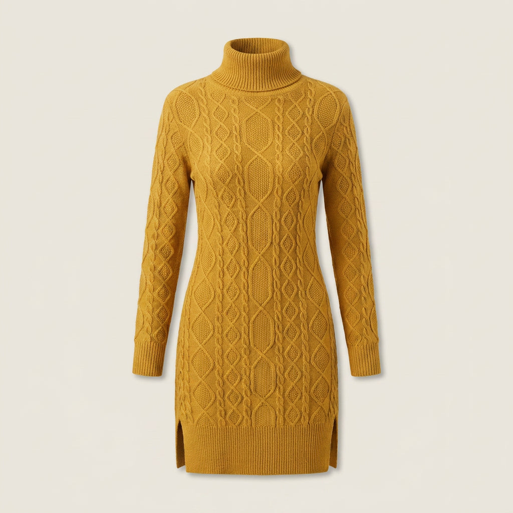 Vestido Corto de Punto Trenzado Cuello Vuelto para Mujer
