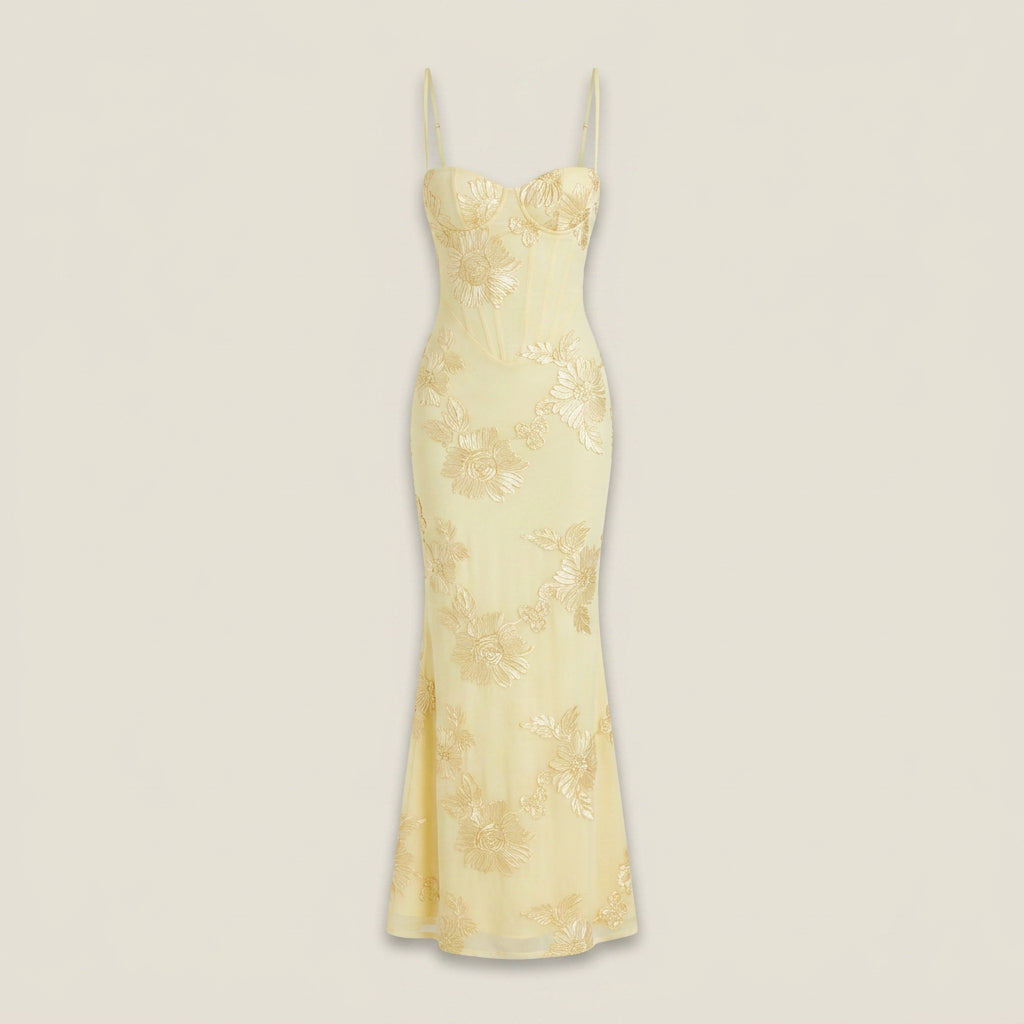 Vestido Largo Jacquard Floral Corsetero para Mujer