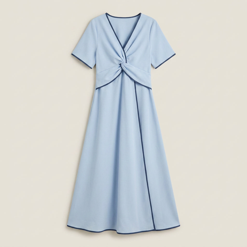 Vestido Midi Manga Corta con Nudo Frontal para Mujer