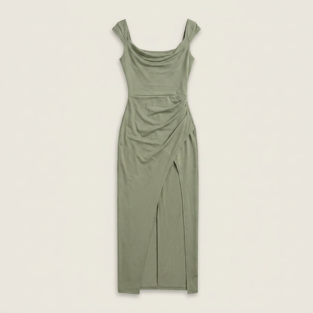 Vestido Largo Escote Drapeado Abertura Frontal para Mujer