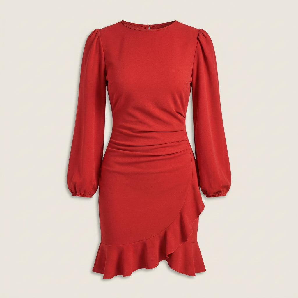 Vestido Corto Manga Abullonada Volante Asimétrico para Mujer