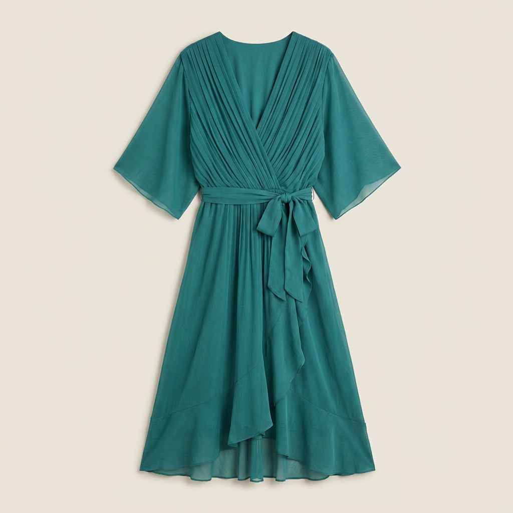 Vestido Midi Cruzado Efecto Gasa con Volante para Mujer
