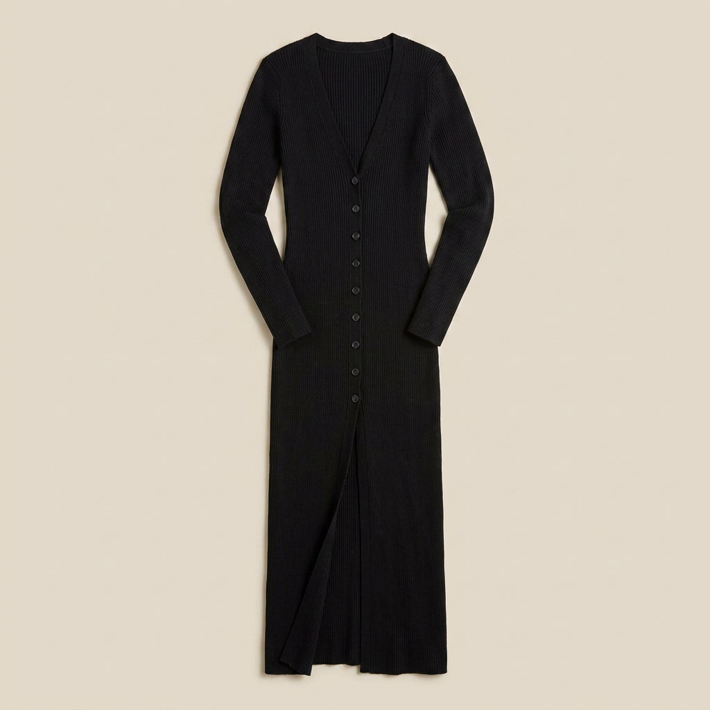 Vestido Midi de Punto Acanalado con Abertura Frontal para Mujer