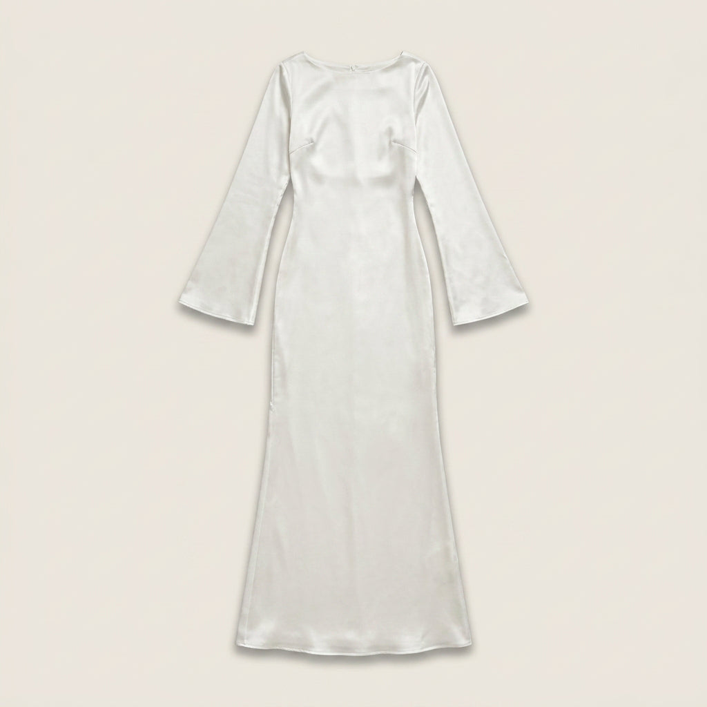 Vestido Largo Efecto Satén Manga Acampanada para Mujer