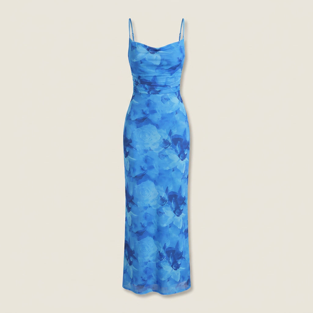 Vestido Largo Estampado Floral Escote Drapeado para Mujer
