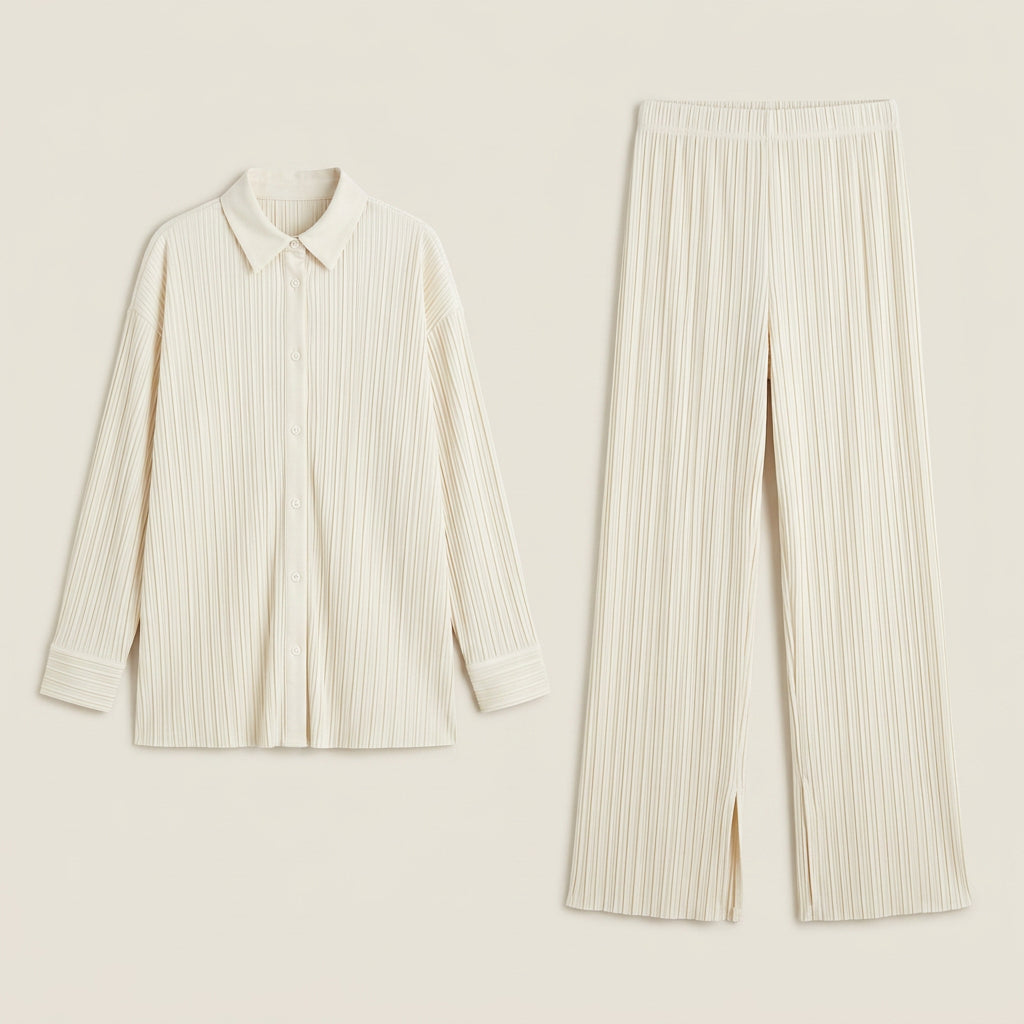 Conjunto Plisado Camisa y Pantalón Ancho para Mujer