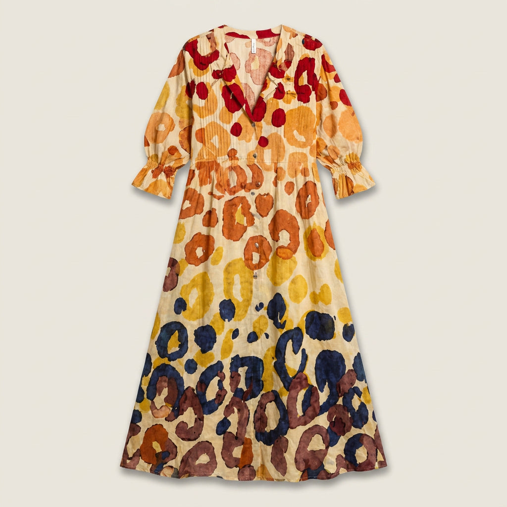 Vestido Largo Animal Print Multicolor Manga Abullonada para Mujer