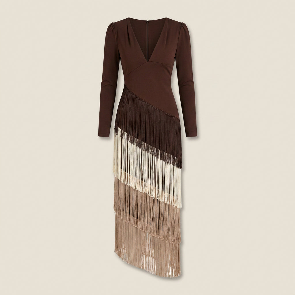 Vestido Midi de Flecos Escalonados Manga Larga para Mujer