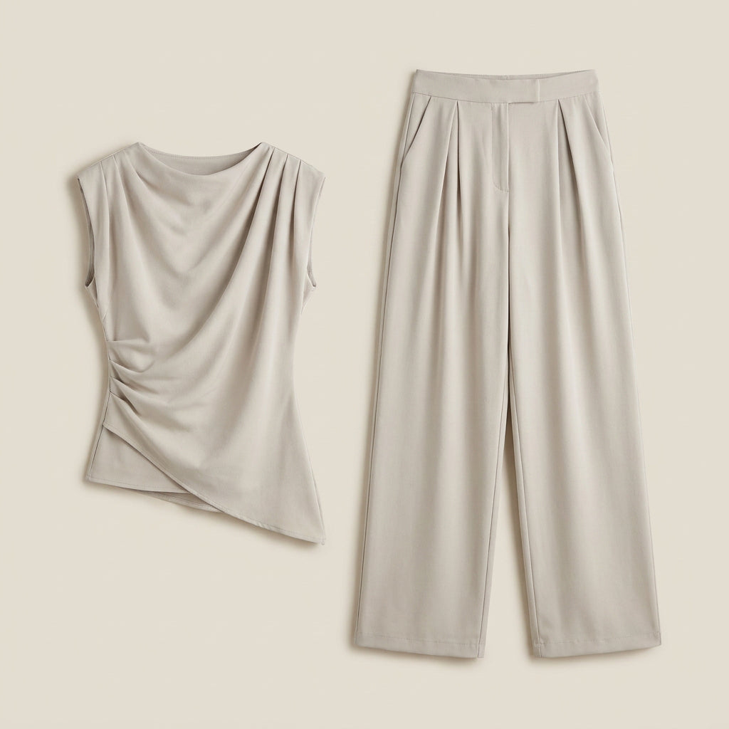 Conjunto Top Drapeado y Pantalón Ancho para Mujer