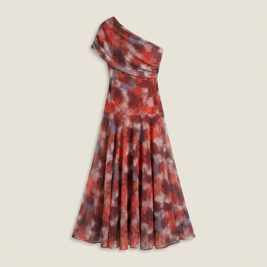 Vestido Midi Efecto Gasa un Solo Hombro para Mujer