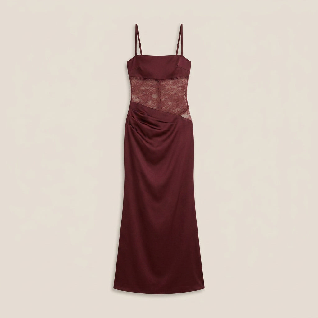 Vestido Largo Satinado con Encaje para Mujer