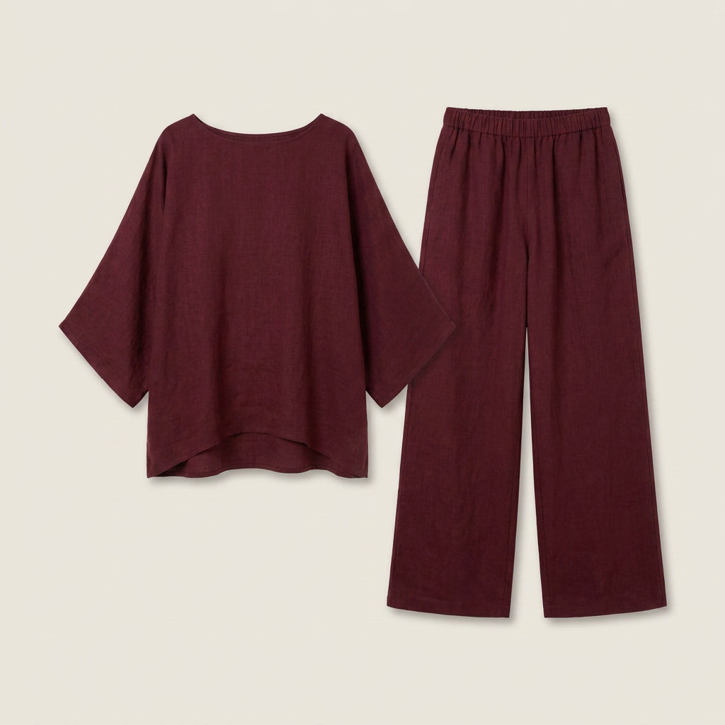 Conjunto de Lino con Blusa Asimétrica y Pantalón Ancho para Mujer