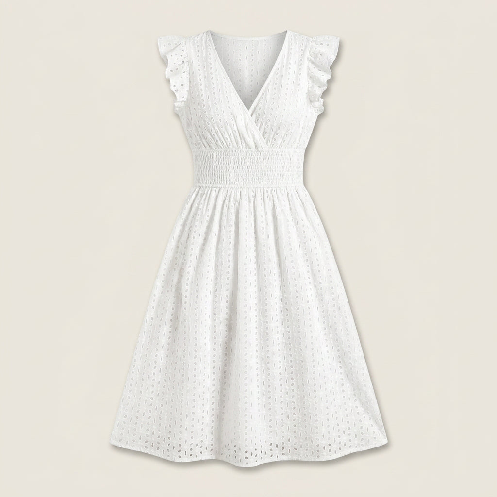 Vestido Midi Bordado Inglés Cintura Fruncida para Mujer
