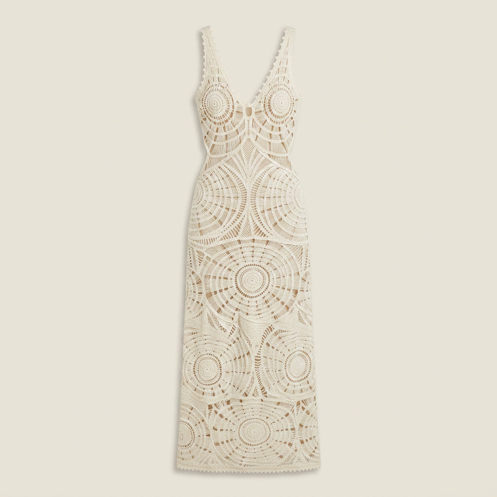 Vestido Midi de Encaje Calado con Motivo Geométrico para Mujer
