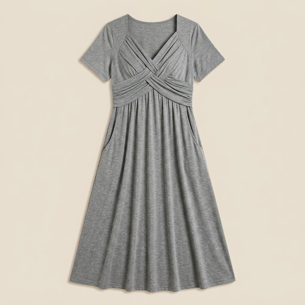 Vestido Midi Escote Trenzado Manga Corta para Mujer
