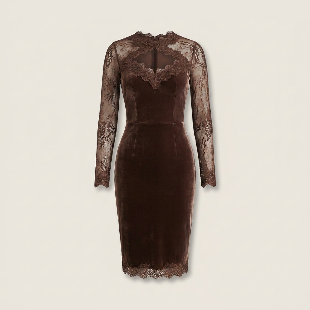 Vestido Midi Efecto Terciopelo con Encaje de Fiesta para Mujer