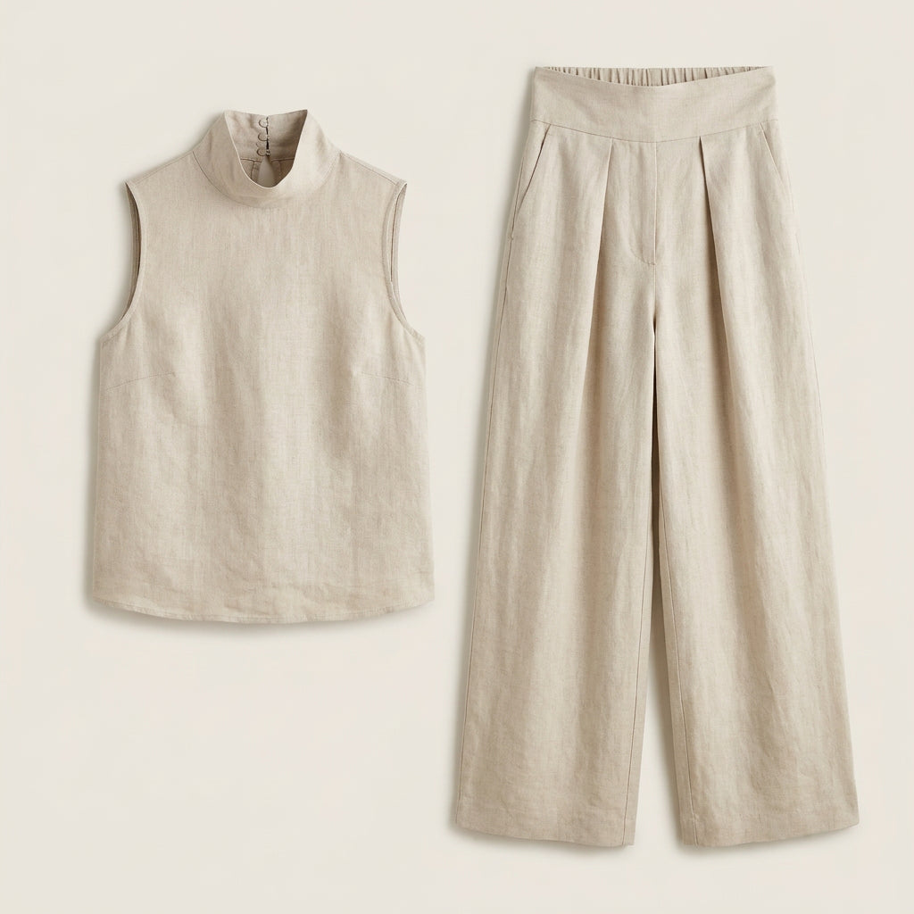Conjunto Efecto Lino Top y Pantalón Ancho para Mujer
