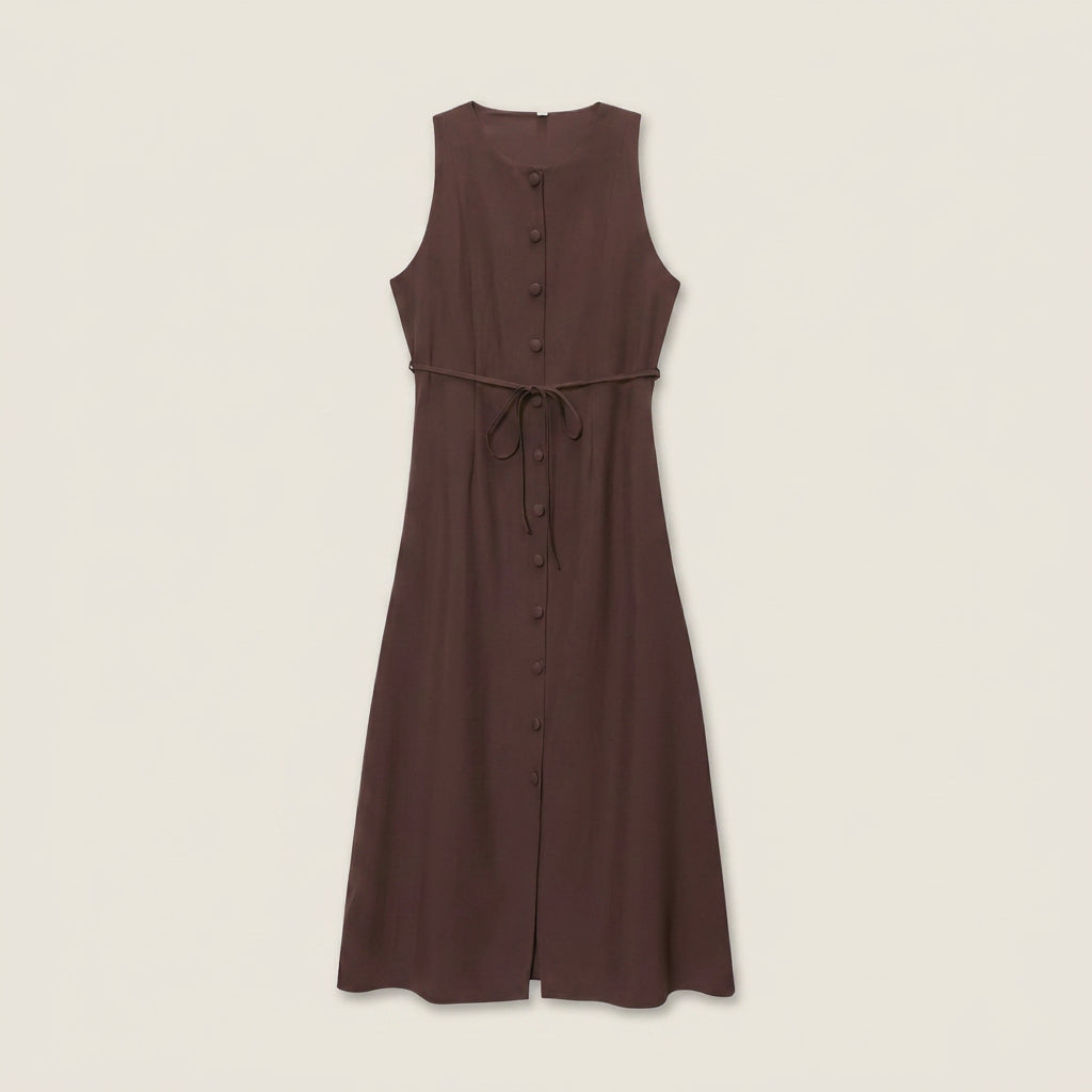 Vestido Midi sin Mangas con Botones y Cinturón para Mujer