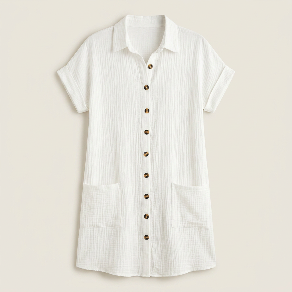 Vestido Camisero Muselina Botones Madera Bolsillos para Mujer