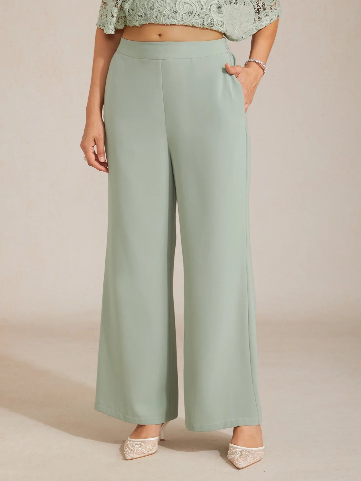 Pantalón ancho de tiro medio con cintura elástica y bolsillos - Nhaura