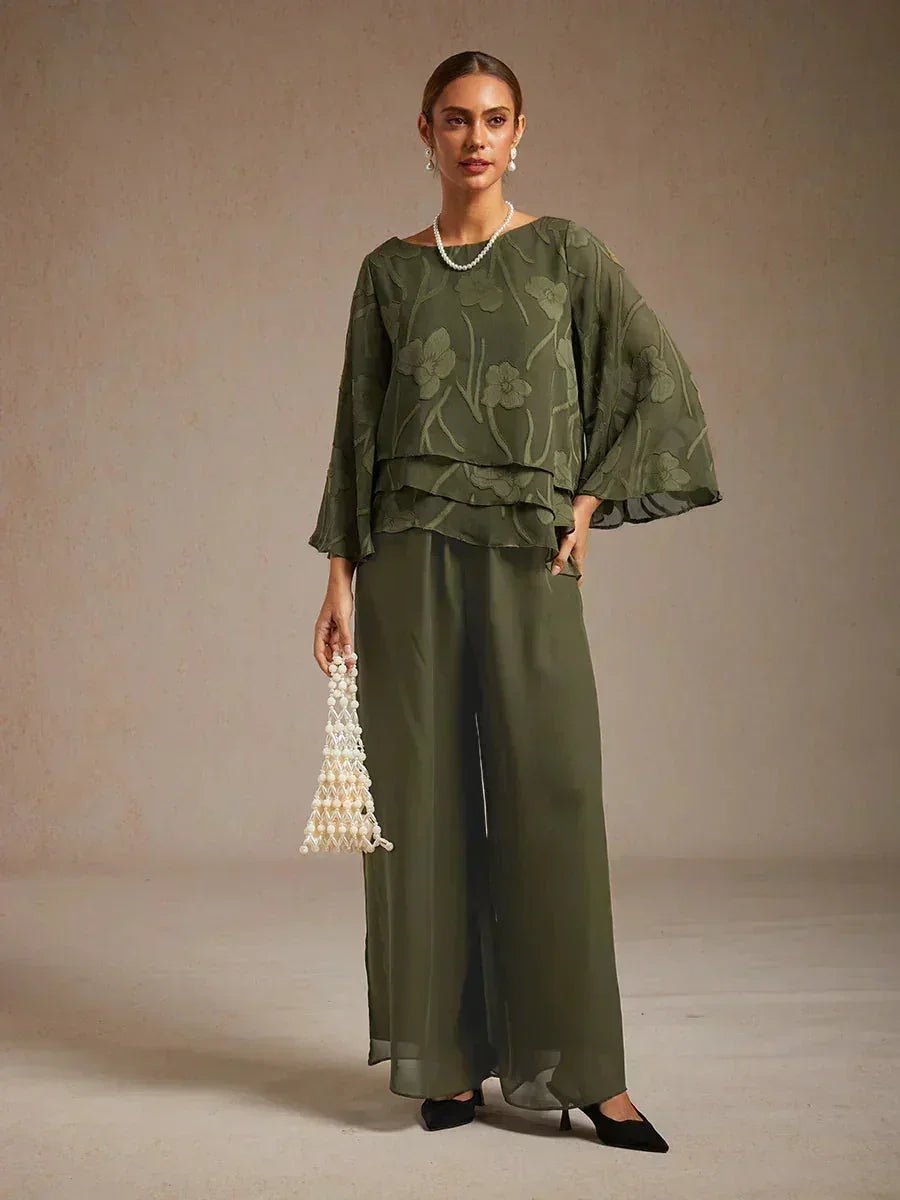 Pantalón de pierna recta con sobrecapa de gasa abierta - Nhaura