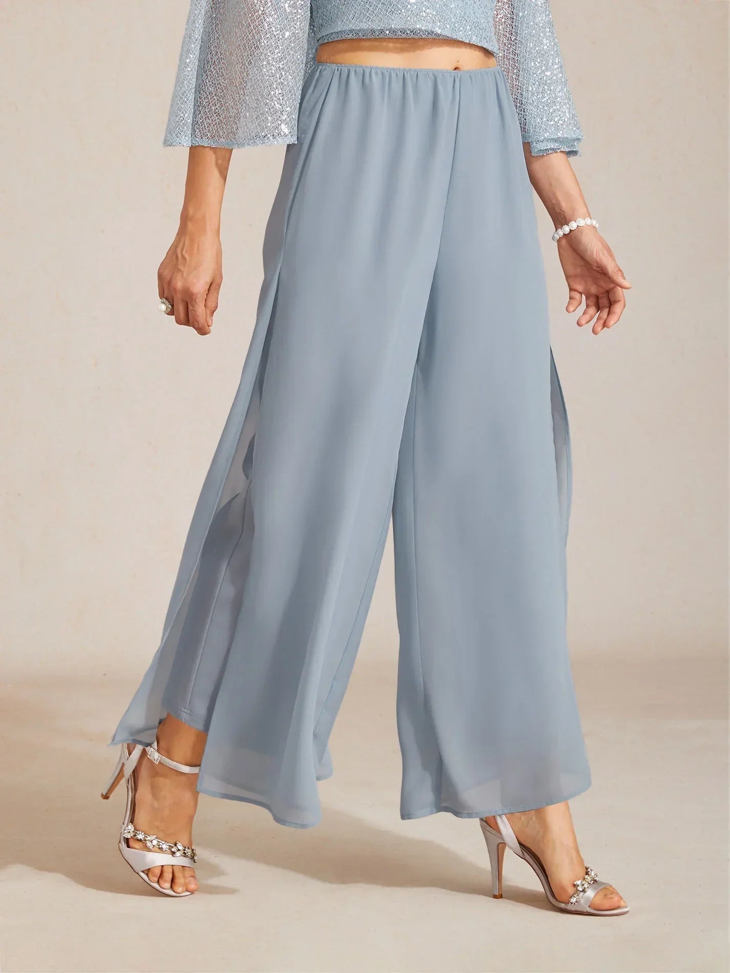 Pantalón de pierna recta con sobrecapa de gasa abierta - Nhaura