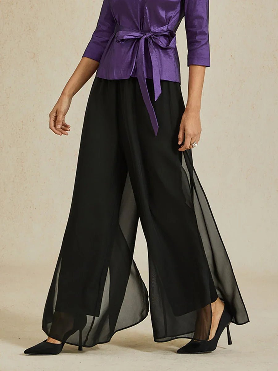 Pantalón de pierna recta con sobrecapa de gasa abierta - Nhaura
