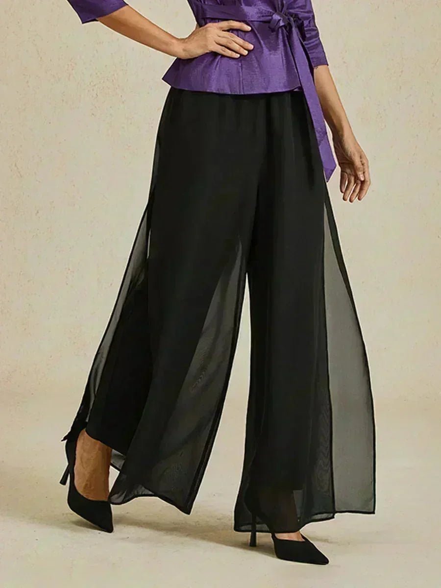 Pantalón de pierna recta con sobrecapa de gasa abierta - Nhaura