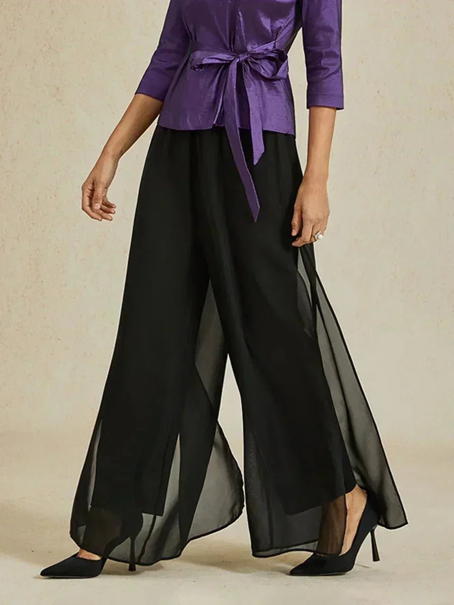 Pantalón recto de encaje con sobrecapa de gasa abierta - Nhaura