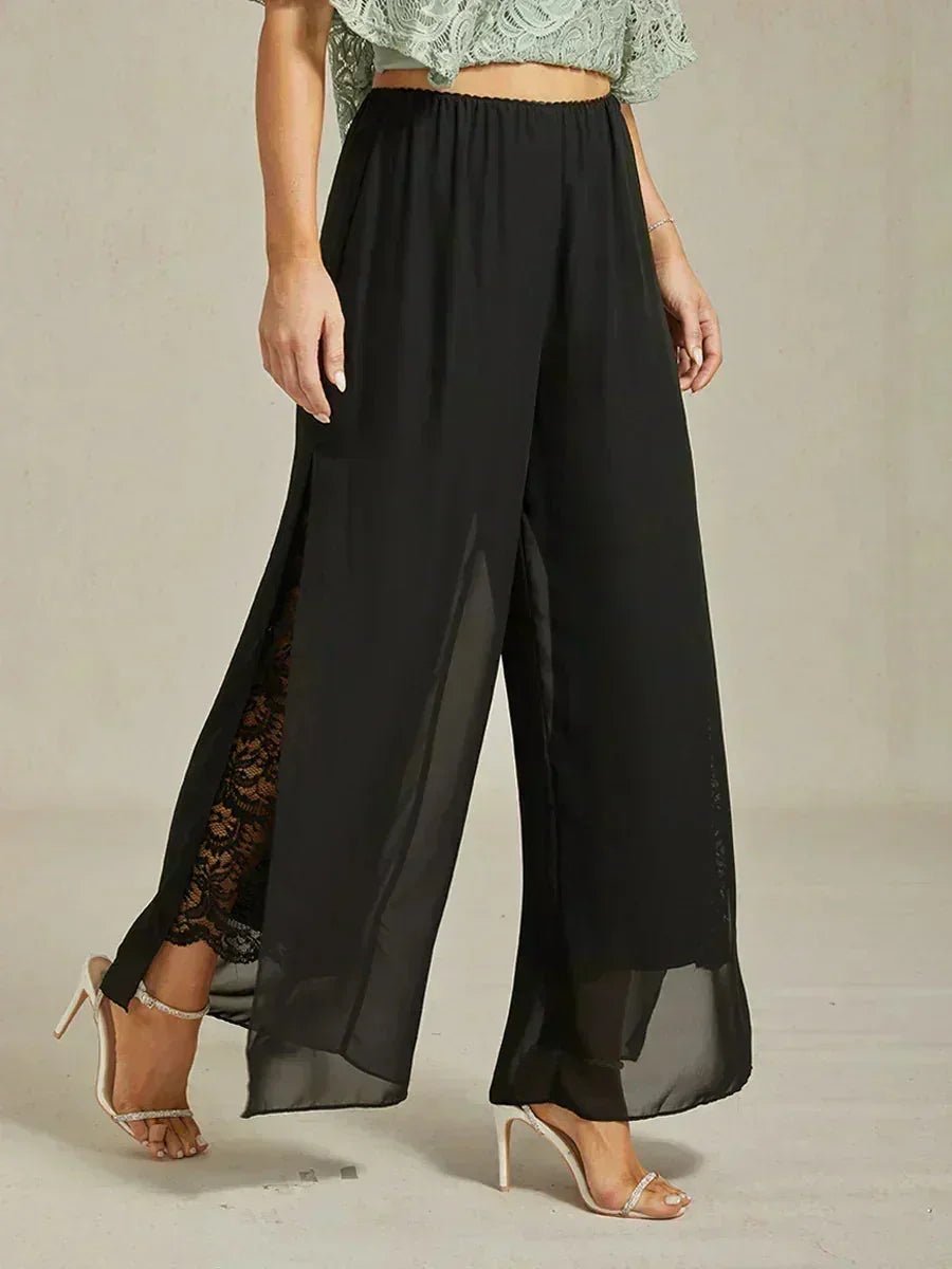 Pantalón recto de encaje con sobrecapa de gasa abierta - Nhaura