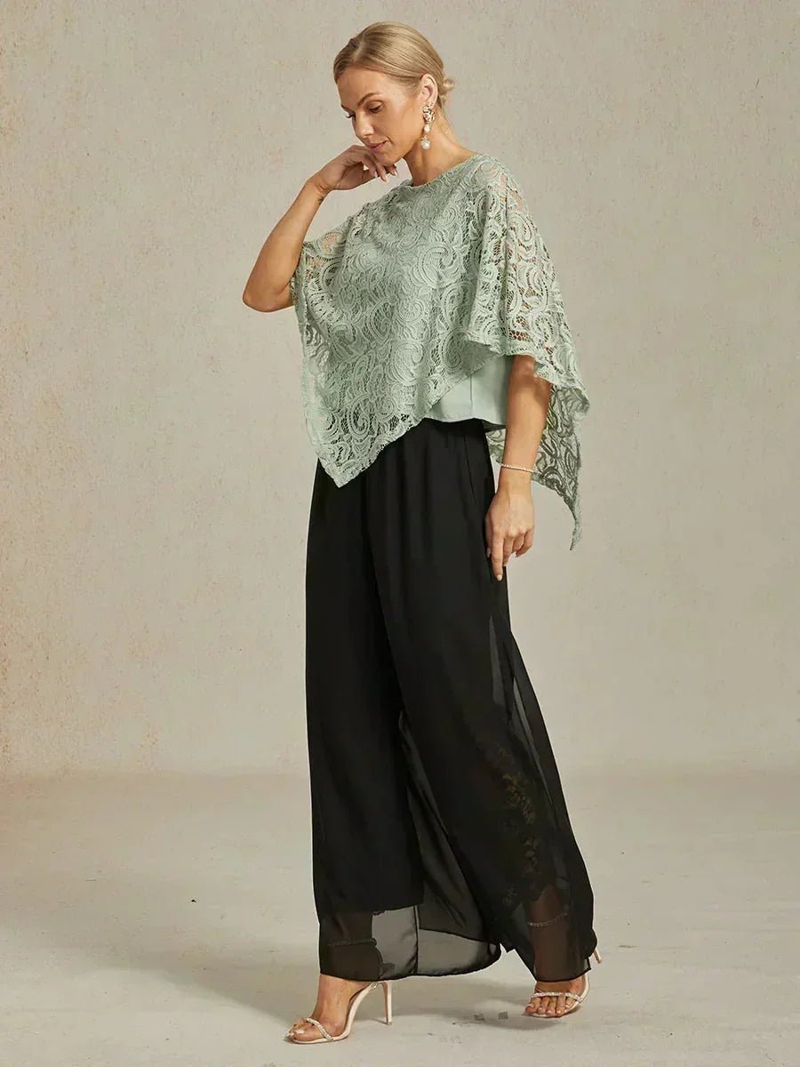 Pantalón recto de encaje con sobrecapa de gasa abierta - Nhaura