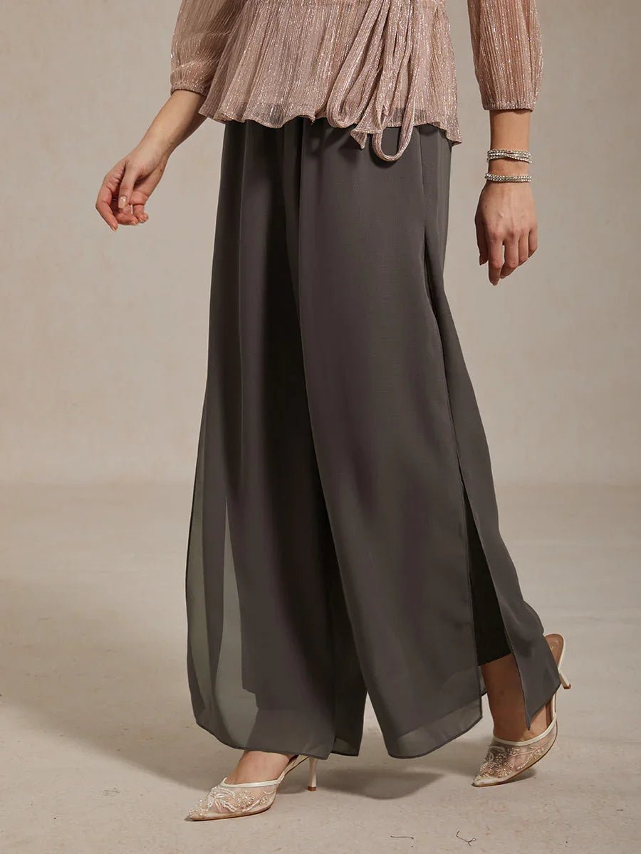 Pantalón recto de encaje con sobrecapa de gasa abierta - Nhaura