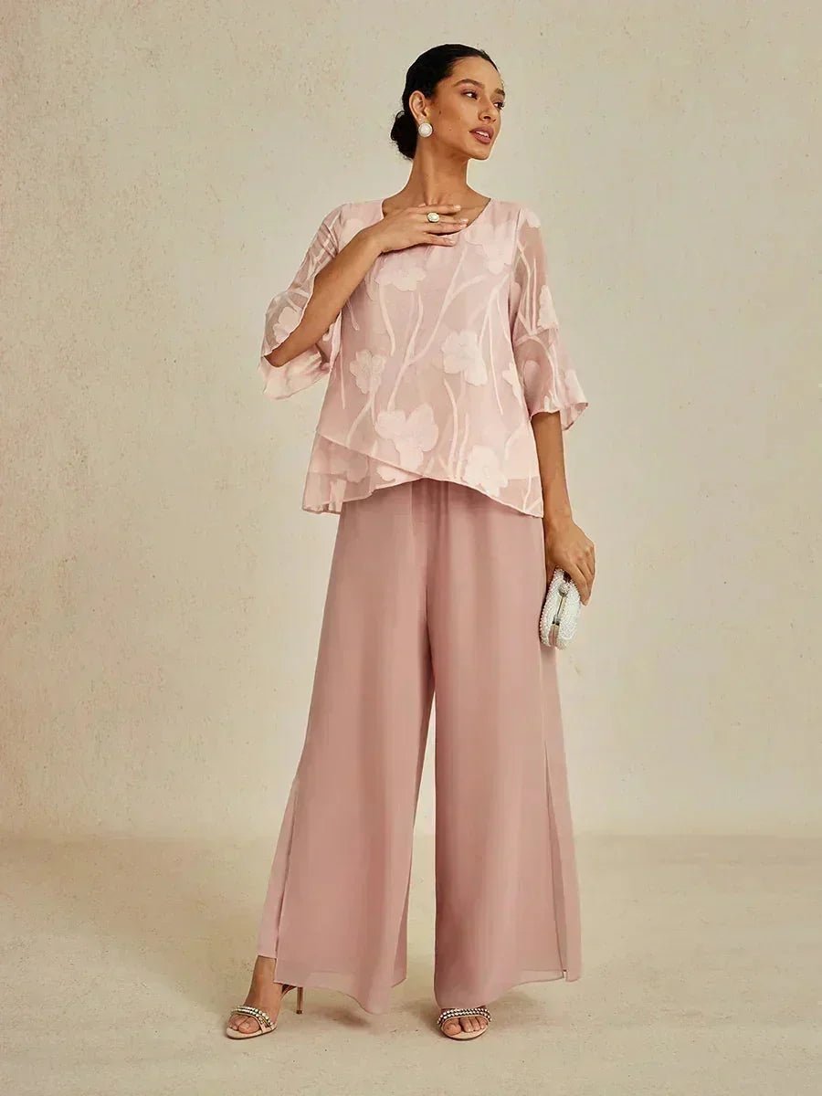 Pantalón recto de encaje con sobrecapa de gasa abierta - Nhaura