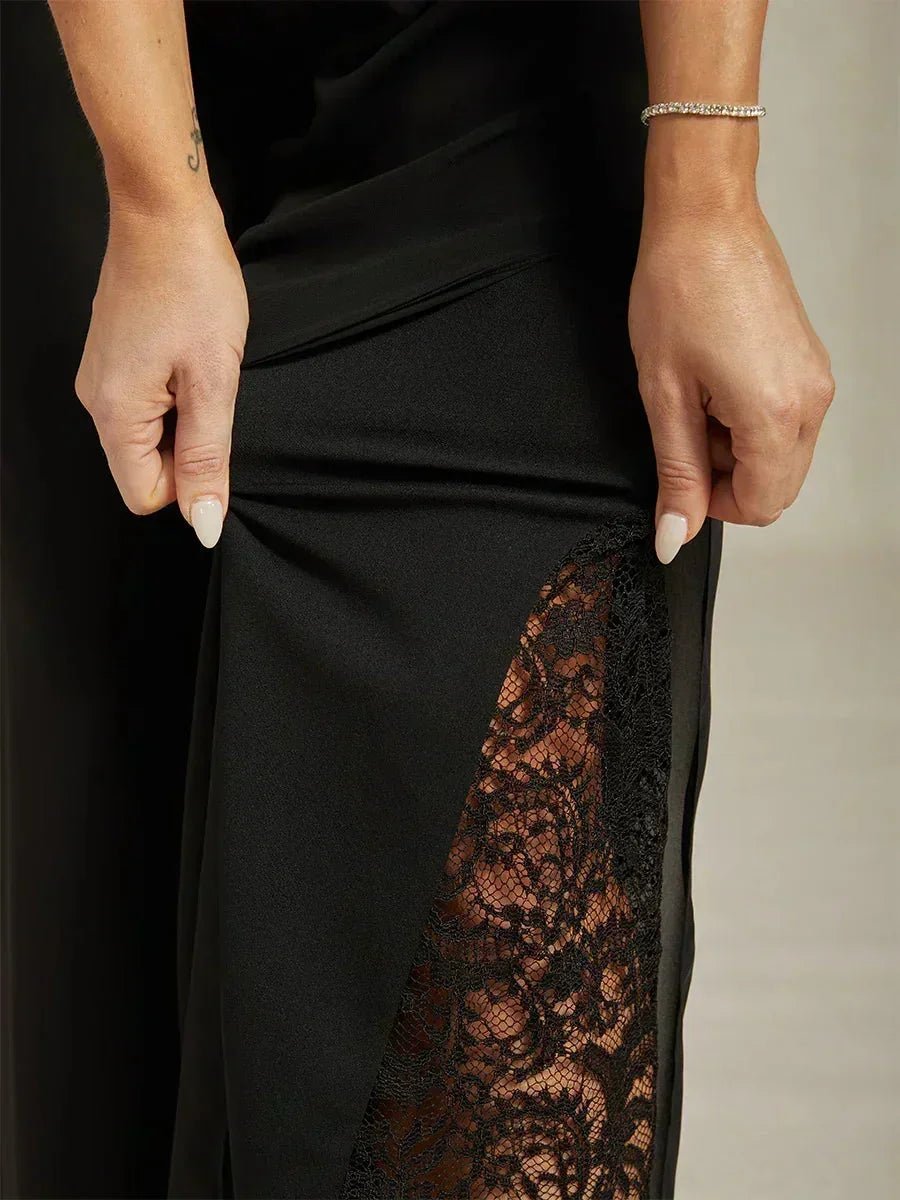 Pantalón recto de encaje con sobrecapa de gasa abierta - Nhaura